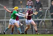 12 March 2023; Tommy Doyle of Westmeath in action against Seamus Flanagan of Limerick during the Allianz Hurling League Division 1 Group B match between Westmeath and Limerick at TEG Cusack Park in Mullingar, Westmeath. Photo by Tyler Miller/Sportsfile