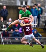 12 March 2023; Conor Boylan of Limerick in action against Darragh Egerton of Westmeath during the Allianz Hurling League Division 1 Group B match between Westmeath and Limerick at TEG Cusack Park in Mullingar, Westmeath. Photo by Tyler Miller/Sportsfile