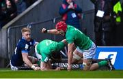 12 March 2023; Josh van der Flier of Ireland celebrates after James Lowe, 11, scored their side's second try during the Guinness Six Nations Rugby Championship match between Scotland and Ireland at BT Murrayfield Stadium in Edinburgh, Scotland. Photo by Harry Murphy/Sportsfile