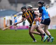 12 March 2023; Conor Delaney of Kilkenny in action against Dublin players Cian Boland and Cian O'Sullivan, right, during the Allianz Hurling League Division 1 Group A match between Kilkenny and Dublin at UPMC Nowlan Park in Kilkenny. Photo by John Sheridan/Sportsfile