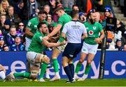 12 March 2023; Jack Conan of Ireland celebrates with teammates Hugo Keenan, left, and Garry Ringrose after scoring their side's third try during the Guinness Six Nations Rugby Championship match between Scotland and Ireland at BT Murrayfield Stadium in Edinburgh, Scotland. Photo by Brendan Moran/Sportsfile