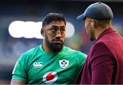 12 March 2023; Bundee Aki of Ireland reacts as he talks to RTÉ pundit and Munster player Simon Zebo after the Guinness Six Nations Rugby Championship match between Scotland and Ireland at BT Murrayfield Stadium in Edinburgh, Scotland. Photo by Brendan Moran/Sportsfile