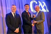 10 March 2023; Paddy Leavey of Ballygunner is presented with his 2022 AIB GAA Hurling Club Team of The Year award by AIB CMO Mark Doyle, left, and GAA Vice President John Murphy at the AIB Club Players Awards at Croke Park in Dublin. Photo by Ramsey Cardy/Sportsfile
