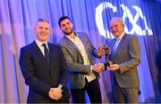 10 March 2023; Stephen O’Keeffe of Ballygunner is presented with his 2022 AIB GAA Hurling Club Team of The Year award by AIB CMO Mark Doyle, left, and GAA Vice President John Murphy at the AIB Club Players Awards at Croke Park in Dublin. Photo by Ramsey Cardy/Sportsfile