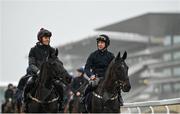 13 March 2023; Jockeys Keith Donoghue, on Delta Work, left, and Robbie Dunne, on Hardline, lead a string of horses from trainer Gordon Elliott to the gallops ahead of the Cheltenham Racing Festival at Prestbury Park in Cheltenham, England. Photo by Seb Daly/Sportsfile