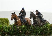 13 March 2023; Galvin, left, with Jody McGarvey up, and Hardline, right, with Robbie Dunne up, on the gallops ahead of the Cheltenham Racing Festival at Prestbury Park in Cheltenham, England. Photo by Seb Daly/Sportsfile