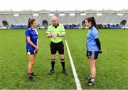 11 March 2023; Referee Jonathan Murphy with team captains Ciara Murphy of MTU Kerry and Maeve Deery of University of Ulster before the 2023 Yoplait Ladies HEC Giles Cup Final match between University of Ulster and MTU Kerry at University of Galway Connacht GAA Air Dome in Bekan, Mayo. Photo by Piaras Ó Mídheach/Sportsfile