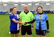 11 March 2023; Referee Jonathan Murphy with team captains Ciara Murphy of MTU Kerry and Maeve Deery of University of Ulster before the 2023 Yoplait Ladies HEC Giles Cup Final match between University of Ulster and MTU Kerry at University of Galway Connacht GAA Air Dome in Bekan, Mayo. Photo by Piaras Ó Mídheach/Sportsfile
