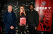 13 March 2023; Gemma Smith, head of programmes, Liverpool Football Club Foundation, with Derek O'Neill, League of Ireland football & social responsibility manager at Football Association of Ireland, left, and Des Tomlinson, intercultural football and strategy national coordinator at Football Association of Ireland, right, during the launch of Bohemian FC's Football Social Responsibility and Community Strategy at the Mansion House in Dublin. Photo by Stephen McCarthy/Sportsfile