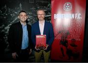 13 March 2023; Roderic O'Gorman TD, Minister for children, equality, disability, integration and youth, and James Flanagan, football social responsibility manager, Bohemian Football Club, left, during the launch of Bohemian FC's Football Social Responsibility and Community Strategy at the Mansion House in Dublin. Photo by Stephen McCarthy/Sportsfile