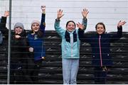 12 March 2023; Dublin supporters, from Kilmacud Crokes, from left, Alice Earle, Robyn O'Leary, Lucie Griffin and Éabha Butler during the Allianz Hurling League Division 1 Group A match between Kilkenny and Dublin at UPMC Nowlan Park in Kilkenny. Photo by Piaras Ó Mídheach/Sportsfile