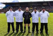 5 March 2023; Referee Brendan Cawley with his umpires, from left, Eoghan Fitzpatrick, Johnny Farrell, Paddy McDermott and Dave Coady before the Allianz Football League Division 1 match between Roscommon and Mayo at Dr Hyde Park in Roscommon. Photo by Piaras Ó Mídheach/Sportsfile