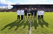 5 March 2023; Match officials, from left, umpire Eoghan Fitzpatrick, umpire Johnny Farrell, linesman Chris Ryan, referee Brendan Cawley, linesman John Gilmartin, sideline official Martin Flaherty, umpire Paddy McDermott and umpire Dave Coady before the Allianz Football League Division 1 match between Roscommon and Mayo at Dr Hyde Park in Roscommon. Photo by Piaras Ó Mídheach/Sportsfile