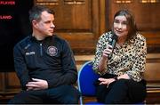 13 March 2023; Karen Halpin, mother of Bohemian's Luke Halpin who represented the club at the first ever Special Champions League, and James Conroy, player/coach with the Bohemians amputee team, during the launch of Bohemian FC's Football Social Responsibility and Community Strategy at the Mansion House in Dublin. Photo by Stephen McCarthy/Sportsfile