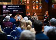 13 March 2023; Panellists, from left, Lucky Khambule, MASI co-ordinator and the group's co-founder, James Conroy, player/coach with the Bohemians amputee team, and Karen Halpin, mother of Bohemian's Luke Halpin who represented the club at the first ever Special Champions League, and Gemma Smith, head of programmes, Liverpool Football Club Foundation, during the launch of Bohemian FC's Football Social Responsibility and Community Strategy at the Mansion House in Dublin. Photo by Stephen McCarthy/Sportsfile