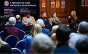 13 March 2023; Panellists, from left, Lucky Khambule, MASI co-ordinator and the group's co-founder, James Conroy, player/coach with the Bohemians amputee team, and Karen Halpin, mother of Bohemian's Luke Halpin who represented the club at the first ever Special Champions League, and Gemma Smith, head of programmes, Liverpool Football Club Foundation, during the launch of Bohemian FC's Football Social Responsibility and Community Strategy at the Mansion House in Dublin. Photo by Stephen McCarthy/Sportsfile