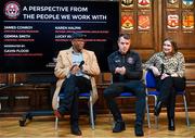 13 March 2023; Panellists, from left, Lucky Khambule, MASI co-ordinator and the group's co-founder, James Conroy, player/coach with the Bohemians amputee team, and Karen Halpin, mother of Bohemian's Luke Halpin who represented the club at the first ever Special Champions League, during the launch of Bohemian FC's Football Social Responsibility and Community Strategy at the Mansion House in Dublin. Photo by Stephen McCarthy/Sportsfile