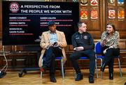 13 March 2023; Panellists, from left, Lucky Khambule, MASI co-ordinator and the group's co-founder, James Conroy, player/coach with the Bohemians amputee team, and Karen Halpin, mother of Bohemian's Luke Halpin who represented the club at the first ever Special Champions League, during the launch of Bohemian FC's Football Social Responsibility and Community Strategy at the Mansion House in Dublin. Photo by Stephen McCarthy/Sportsfile