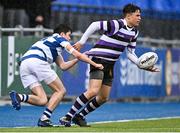 13 March 2023; Ethan Balamash of Terenure College is tackled by Oisin Daly of Blackrock College during the Bank of Ireland Leinster Schools Junior Cup Semi Final match between Terenure College and Blackrock College at Energia Park in Dublin. Photo by Piaras Ó Mídheach/Sportsfile