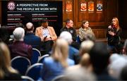 13 March 2023; Panellists, from left, Lucky Khambule, MASI co-ordinator and the group's co-founder, James Conroy, player/coach with the Bohemians amputee team, Karen Halpin, mother of Bohemian's Luke Halpin who represented the club at the first ever Special Champions League, and Gemma Smith, head of programmes, Liverpool Football Club Foundation, during the launch of Bohemian FC's Football Social Responsibility and Community Strategy at the Mansion House in Dublin. Photo by Stephen McCarthy/Sportsfile