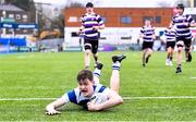 13 March 2023; James Browne of Blackrock College goes over to score his side's first try during the Bank of Ireland Leinster Schools Junior Cup Semi Final match between Terenure College and Blackrock College at Energia Park in Dublin. Photo by Piaras Ó Mídheach/Sportsfile