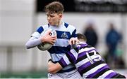 13 March 2023; Cael McCloskey of Blackrock College is tackled by Niall Fallon of Terenure College during the Bank of Ireland Leinster Schools Junior Cup Semi Final match between Terenure College and Blackrock College at Energia Park in Dublin. Photo by Piaras Ó Mídheach/Sportsfile