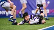 13 March 2023; Ethan Balamash of Terenure College scores his side's third try during the Bank of Ireland Leinster Schools Junior Cup Semi Final match between Terenure College and Blackrock College at Energia Park in Dublin. Photo by Piaras Ó Mídheach/Sportsfile