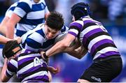 13 March 2023; Tom McAleese of Blackrock College in action against Ray Meade, 4, and Josh Mooney of Terenure College during the Bank of Ireland Leinster Schools Junior Cup Semi Final match between Terenure College and Blackrock College at Energia Park in Dublin. Photo by Piaras Ó Mídheach/Sportsfile