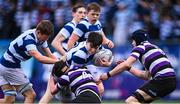 13 March 2023; Tom McAleese of Blackrock College in action against Ray Meade, 4, and Josh Mooney of Terenure College during the Bank of Ireland Leinster Schools Junior Cup Semi Final match between Terenure College and Blackrock College at Energia Park in Dublin. Photo by Piaras Ó Mídheach/Sportsfile
