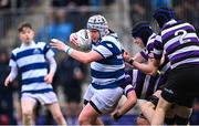 13 March 2023; Matthew Wyse of Blackrock College is tackled by Ollie O’Leary of Terenure College, hidden, during the Bank of Ireland Leinster Schools Junior Cup Semi Final match between Terenure College and Blackrock College at Energia Park in Dublin. Photo by Piaras Ó Mídheach/Sportsfile
