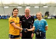 10 March 2023; Referee Jonathan Murphy with team captains Anna Rose Kennedy of DCU Dóchas Éireann and Caoimhe O'Connor of TU Dublin before the 2023 Yoplait Ladies HEC O’Connor Cup semi-final match between DCU Dóchas Éireann and TU Dublin at University of Galway Connacht GAA Air Dome in Bekan, Mayo. Photo by Piaras Ó Mídheach/Sportsfile