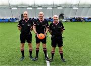 10 March 2023; Referee Jonathan Murphy, centre, with linespeople Shane Curley, left, and Gus Chapman before the 2023 Yoplait Ladies HEC O’Connor Cup semi-final match between DCU Dóchas Éireann and TU Dublin at University of Galway Connacht GAA Air Dome in Bekan, Mayo. Photo by Piaras Ó Mídheach/Sportsfile