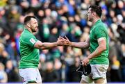 12 March 2023; Cian Healy, left, and James Ryan of Ireland shake hands after the Guinness Six Nations Rugby Championship match between Scotland and Ireland at BT Murrayfield Stadium in Edinburgh, Scotland. Photo by Brendan Moran/Sportsfile