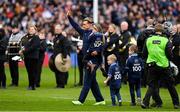 12 March 2023; Stuart Hogg of Scotland, with his children Olivia, George and Archie, waves to the crowd while being acknowledged on earning his 100th cap for Scotland, before the Guinness Six Nations Rugby Championship match between Scotland and Ireland at BT Murrayfield Stadium in Edinburgh, Scotland. Photo by Brendan Moran/Sportsfile