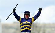 14 March 2023; Jockey Derek Fox celebrates after winning the Ultima Handicap Chase during day one of the Cheltenham Racing Festival at Prestbury Park in Cheltenham, England. Photo by Seb Daly/Sportsfile