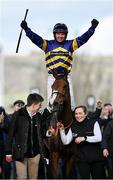 14 March 2023; Corach Rambler, with Derek Fox up, celebrate as they enter the winners enclosure after winning the Ultima Handicap Chase during day one of the Cheltenham Racing Festival at Prestbury Park in Cheltenham, England. Photo by Seb Daly/Sportsfile