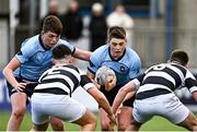 14 March 2023; Conor Canniffe of St Michael's College, right, in action against Lorcan Butler, left, and Ryan Grant of Belvedere College during the Bank of Ireland Leinster Rugby Schools Junior Cup Semi Final match between Belvedere College and St Michael’s College at Energia Park in Dublin. Photo by Sam Barnes/Sportsfile