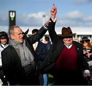 14 March 2023; Winning owner Michael Buckley, left, and trainer Nicky Henderson celebrate, in the winners enclosure, after Constitution Hill won the Unibet Champion Hurdle Challenge Trophy during day one of the Cheltenham Racing Festival at Prestbury Park in Cheltenham, England. Photo by Seb Daly/Sportsfile