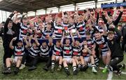 14 March 2023; Presentation Brothers College captain Rory O'Shaughnessy celebrates with the cup alongside his teammates after the Munster Schools Senior Cup Final match between Christian Brothers College and Presentation Brothers College at Musgrave Park in Cork. Photo by Matt Browne/Sportsfile