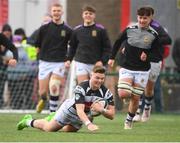 14 March 2023; James Wixted of Presentation Brothers College scores his side's third try during the Munster Schools Senior Cup Final match between Christian Brothers College and Presentation Brothers College at Musgrave Park in Cork. Photo by Matt Browne/Sportsfile