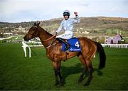 14 March 2023; Jockey Rachael Blackmore celebrates on Honeysuckle after winning the Close Brothers Mares' Hurdle during day one of the Cheltenham Racing Festival at Prestbury Park in Cheltenham, England. Photo by Harry Murphy/Sportsfile