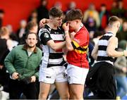 14 March 2023; Liam Tuohy of Presentation Brothers College consoles his friend Ronan O'Keeffe of Christian Brothers College after the Munster Schools Senior Cup Final match between Christian Brothers College and Presentation Brothers College at Musgrave Park in Cork. Photo by Matt Browne/Sportsfile