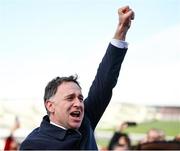 14 March 2023; Trainer Henry de Bromhead celebrates after sending out Honeysuckle to win the Close Brothers Mares' Hurdle during day one of the Cheltenham Racing Festival at Prestbury Park in Cheltenham, England. Photo by Seb Daly/Sportsfile
