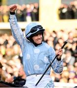 14 March 2023; Jockey Rachael Blackmore celebrates after winning the Close Brothers Mares' Hurdle during day one of the Cheltenham Racing Festival at Prestbury Park in Cheltenham, England. Photo by Seb Daly/Sportsfile