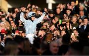 14 March 2023; Jockey Rachael Blackmore celebrates on Honeysuckle after winning the Close Brothers Mares' Hurdle during day one of the Cheltenham Racing Festival at Prestbury Park in Cheltenham, England. Photo by Seb Daly/Sportsfile