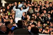 14 March 2023; Jockey Rachael Blackmore celebrates after winning the Close Brothers Mares' Hurdle during day one of the Cheltenham Racing Festival at Prestbury Park in Cheltenham, England. Photo by Seb Daly/Sportsfile