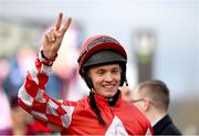 14 March 2023; Jockey Michael O'Sullivan, celebrates his second win, after winning the Boodles Juvenile Handicap Hurdle Chase during day one of the Cheltenham Racing Festival at Prestbury Park in Cheltenham, England. Photo by Seb Daly/Sportsfile