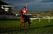 14 March 2023; Jockey Michael O'Sullivan, celebrates his second win, after winning the Boodles Juvenile Handicap Hurdle Chase on Jazzy Matty during day one of the Cheltenham Racing Festival at Prestbury Park in Cheltenham, England. Photo by Harry Murphy/Sportsfile
