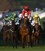 14 March 2023; Jazzy Matty, with Michael O'Sullivan up, celebrate as they win the Boodles Juvenile Handicap Hurdle Chase during day one of the Cheltenham Racing Festival at Prestbury Park in Cheltenham, England. Photo by Harry Murphy/Sportsfile