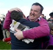 14 March 2023; Owner Kenneth Alexander and trainer Henry de Bromhead, left, after Honeysuckle won the Close Brothers Mares' Hurdle during day one of the Cheltenham Racing Festival at Prestbury Park in Cheltenham, England. Photo by Seb Daly/Sportsfile